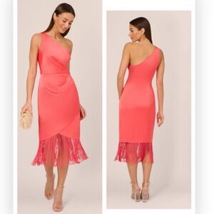 Adrianna by Adrianna Papell Spicy-coral Satin Fringe One-Shoulder $220